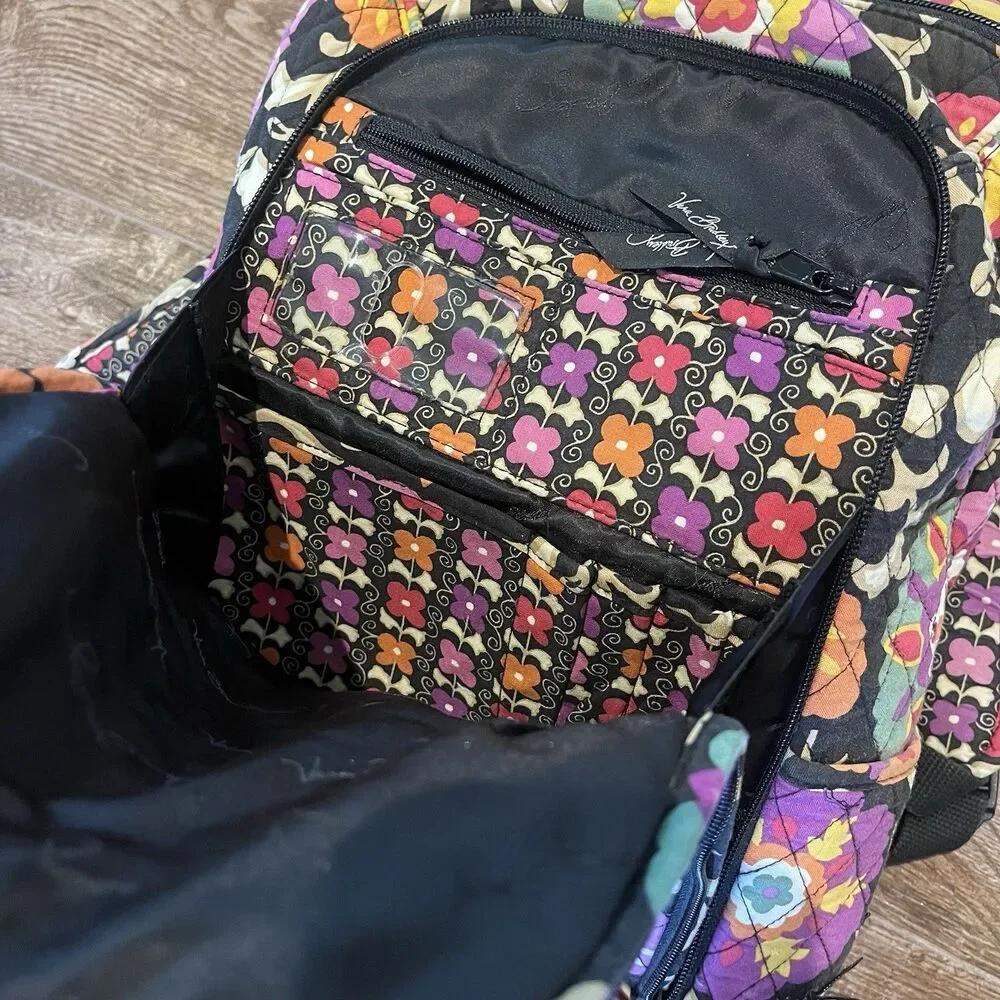 Vera Bradley Retired Suzani Floral Quilted Backpack Black Geometric Bag School